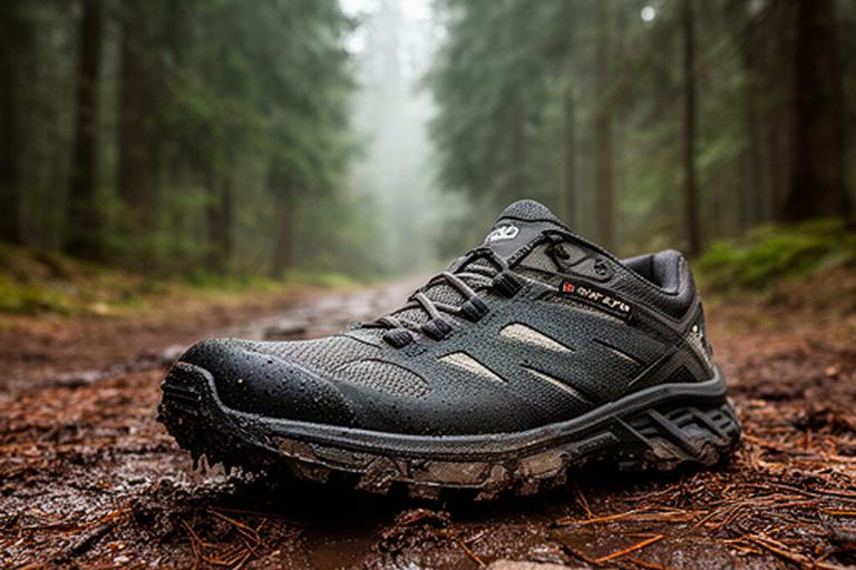 Trailhardloopschoen op een nat bospad tussen dennenbomen