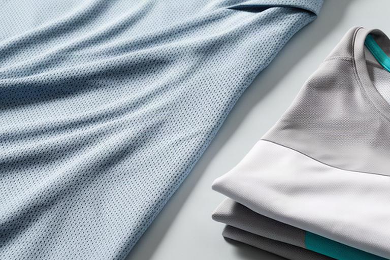 Close-up van ademende sportstof met fijne structuur naast een opgevouwen shirt