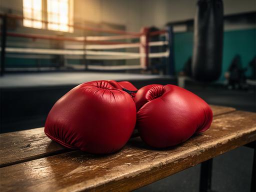 Rode bokshandschoenen op een houten bank in een boksschool