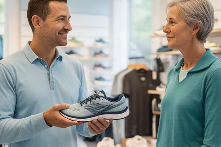 Sportadviseur die een hardloopschoen bespreekt in een lichte winkel in Epe