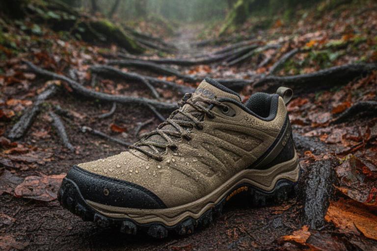 Asics trailschoen op een vochtig bospad met bladeren en wortels