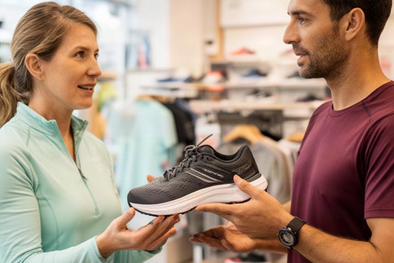 Medewerker geeft persoonlijk sportadvies aan een klant in een lichte winkel in Epe