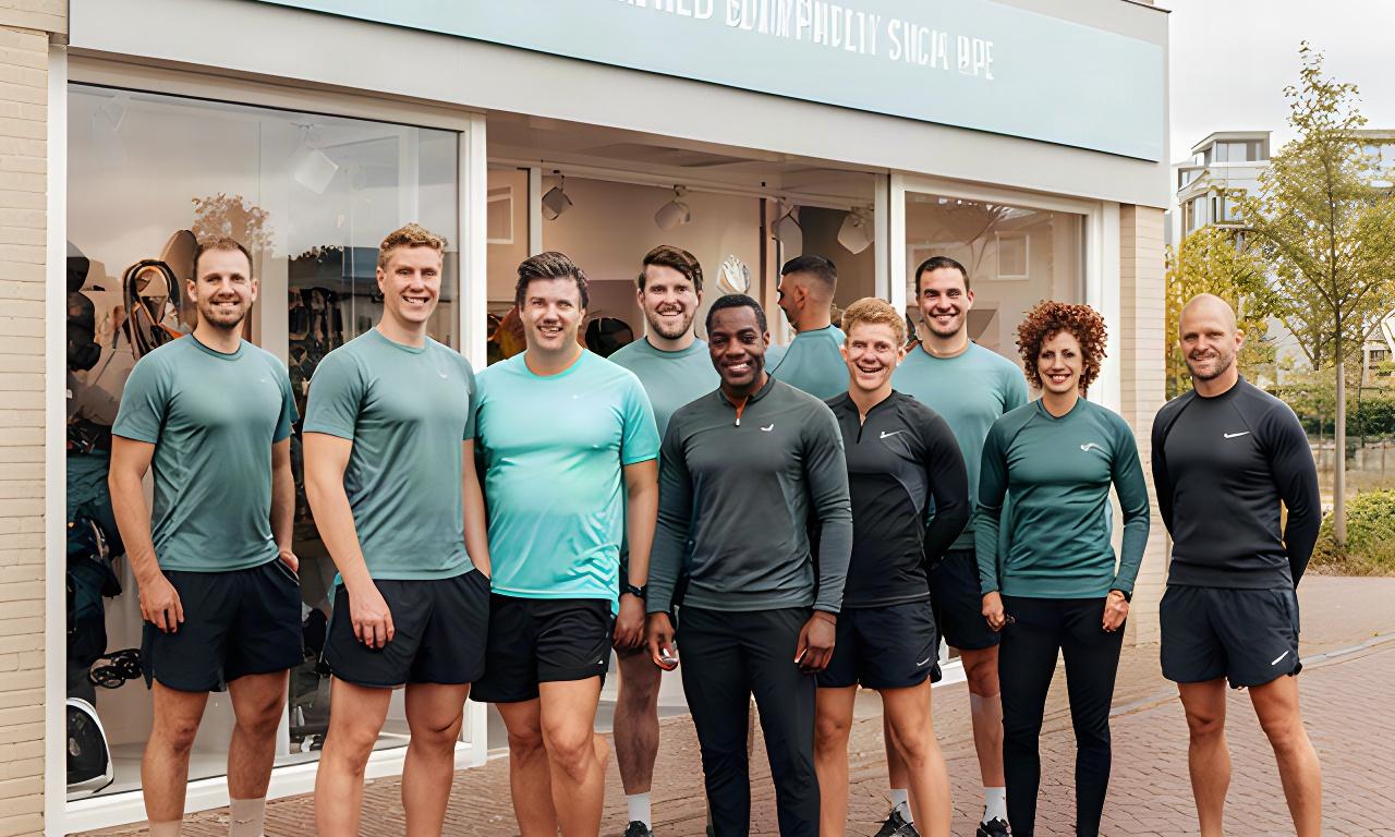 Het sportteam van H&S Movement voor de winkel aan de A50 in Epe