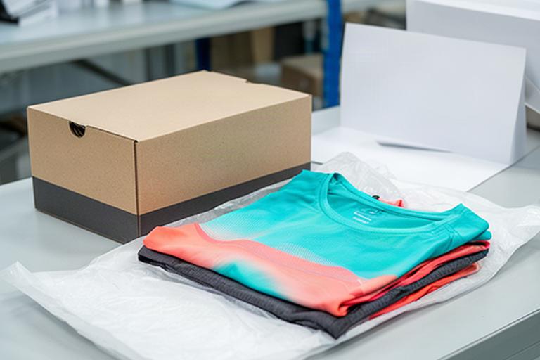 Ingepakte sportbestelling met hardloopshirt en schoenendoos op een werktafel