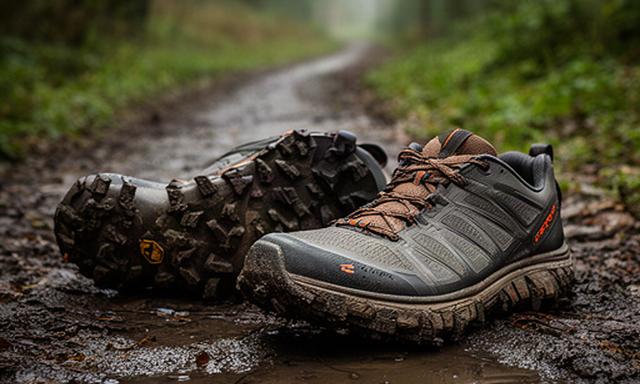 Trailrunningschoenen met stevige zool op een nat bospad in Gelderland