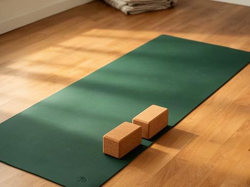 Groene yogamat met blokken in een rustige studio met houten vloer