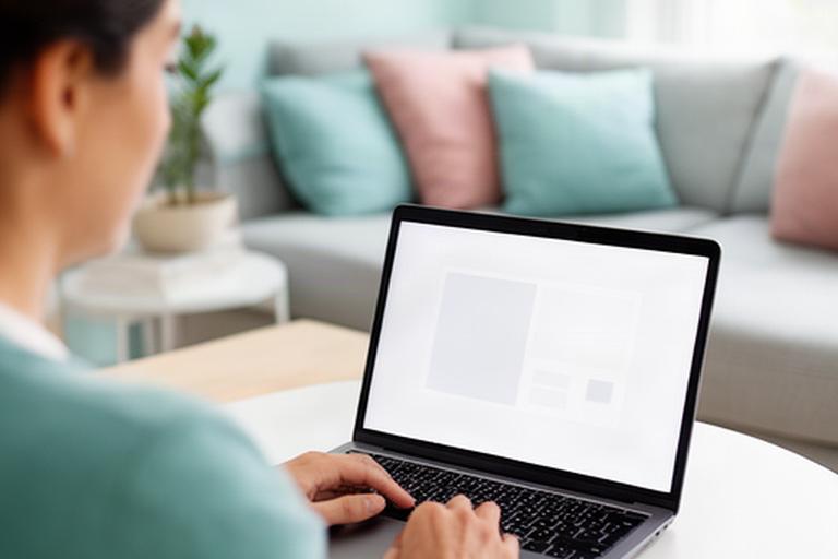 Klant die een beveiligd account opent op een laptop in een lichte woonkamer