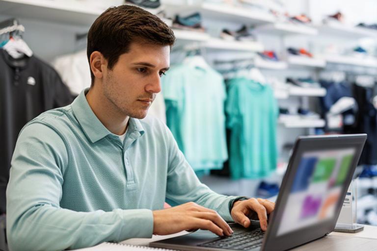 Medewerker die klantgegevens zorgvuldig controleert aan een bureau in een sportwinkel