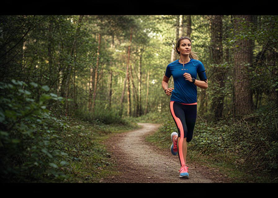 Sportieve vrouw in hardloopkleding op een bospaadje tijdens de seizoensopruiming