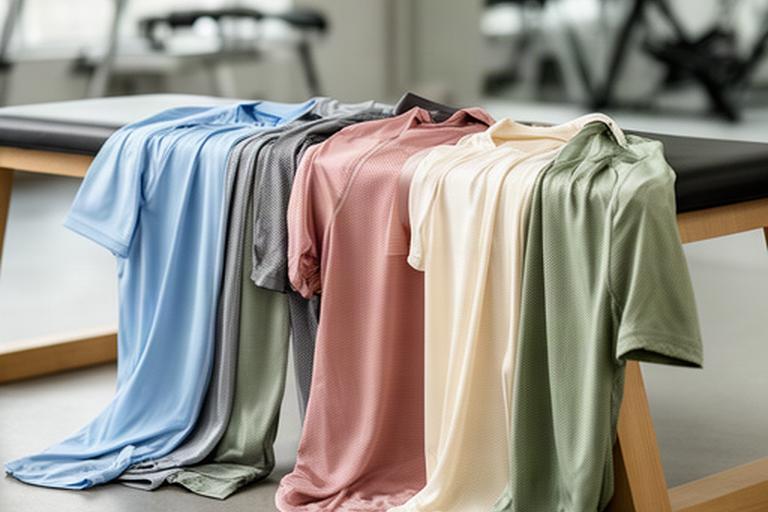 Ademende sporttops in zachte kleuren naast een trainingsbank
