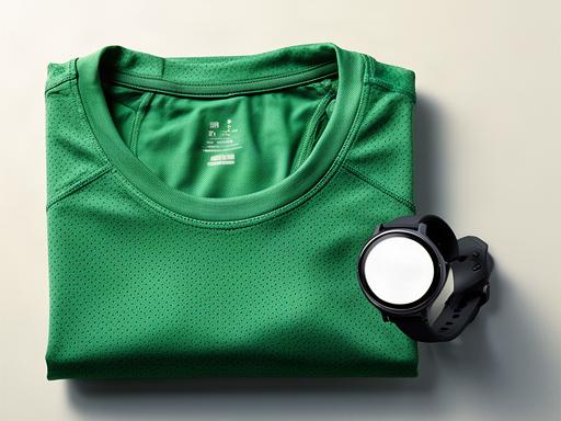 Ademend groen sportshirt opgevouwen naast een hardloophorloge