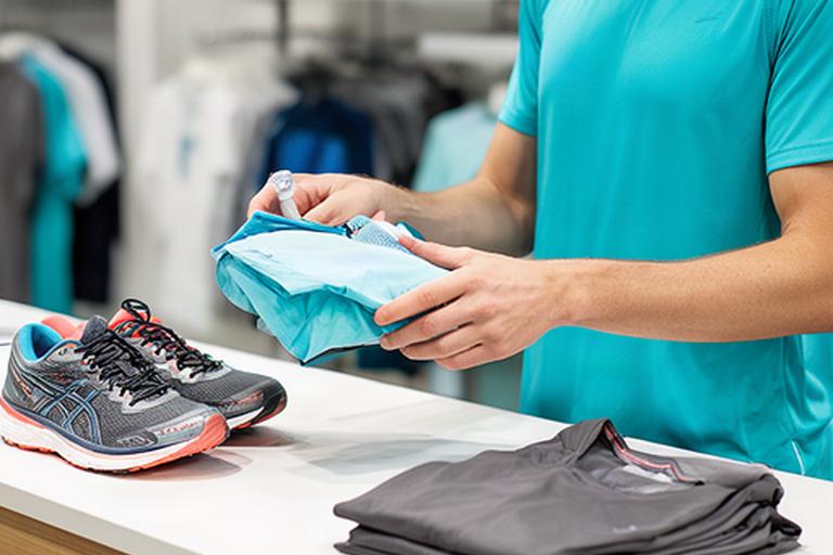 Sportieve klant die een bestelling controleert bij een toonbank met sportschoenen