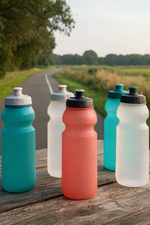 Herbruikbare sportbidons op een houten tafel langs een fietspad in Gelderland