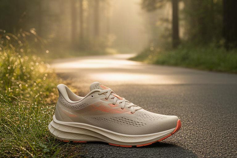 Nike hardloopschoen naast een verhard bospad in het ochtendlicht