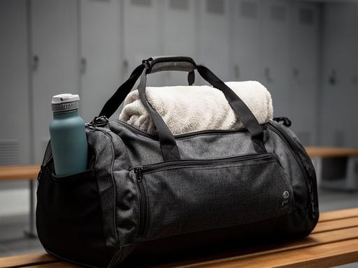 Donkere sporttas met handdoek en bidon in een kleedkamer