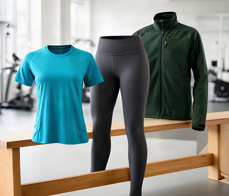 Drie populaire sportkledingstukken op een houten bank in een lichte sportruimte