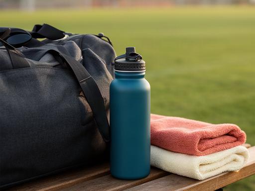 Sporttas met drinkfles en handdoek op een bank bij een trainingsveld