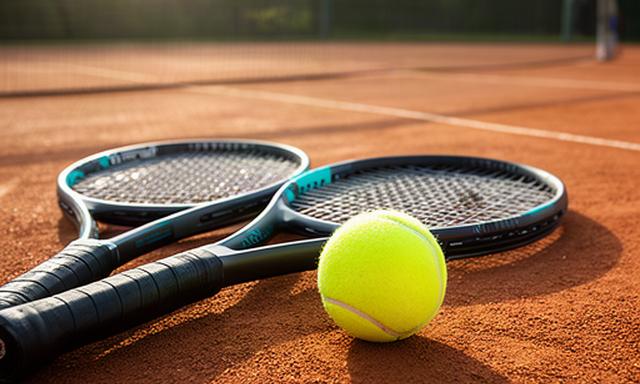 Tennisrackets met gele tennisbal naast een gravelbaan in de ochtendzon