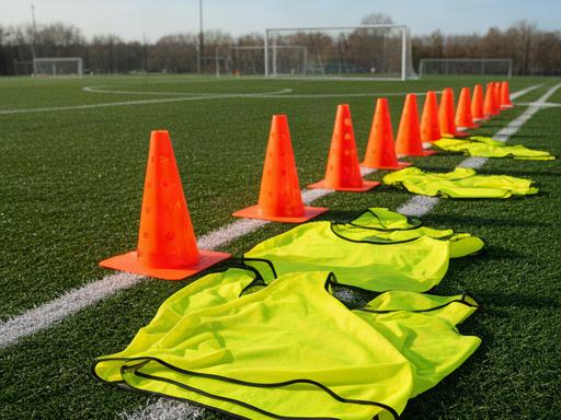 Gele trainingshesjes en oranje kegels langs een voetbalveld voor een jeugdteam