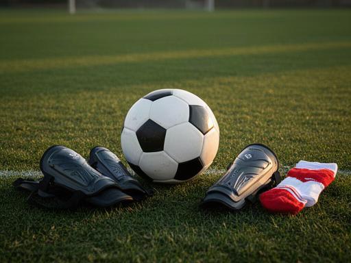 Voetbal met scheenbeschermers en sokken langs de rand van een grasveld
